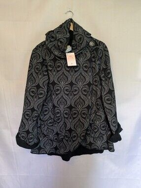 ​Ark Fair Trade Damask Asymmetrical Wrap Jacket Hooded Sweater Black Grey NWT XL